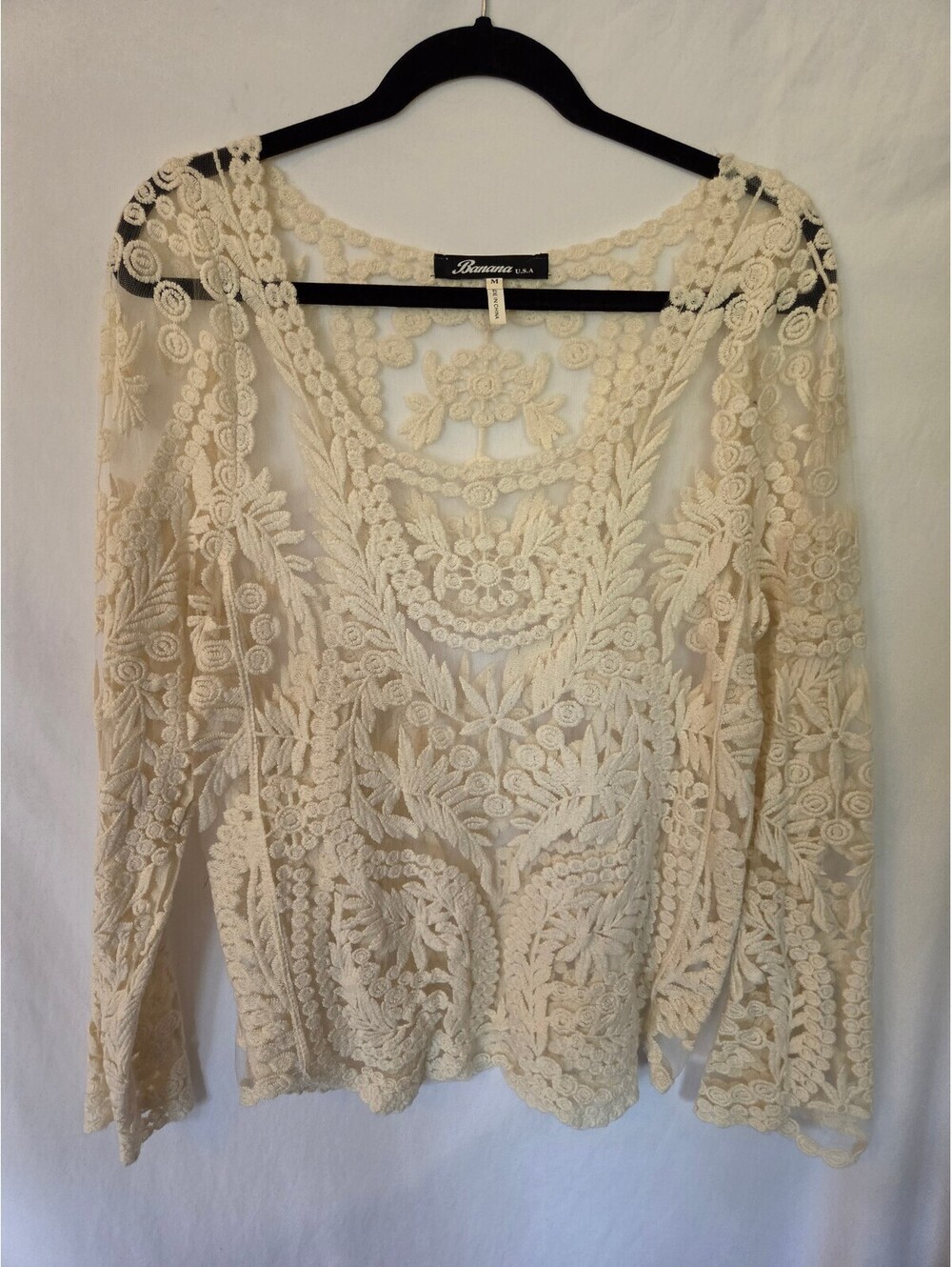 Banana USA Womens Size M Cream Ivory Embroidered Sheer Lace Mesh Long Sleeve Top